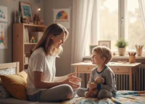 chłopiec siedzący na łóżku, trzymający misia, uśmiechnięty i zwrócony twarzą do uśmiechniętej kobiety z delikatnie wyciągniętymi rękami