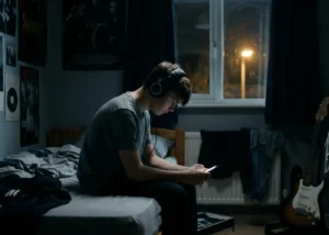 nastolatek w ciemnym pokoju, siedzi ze słuchawkami na uszach i patrzący w telefon