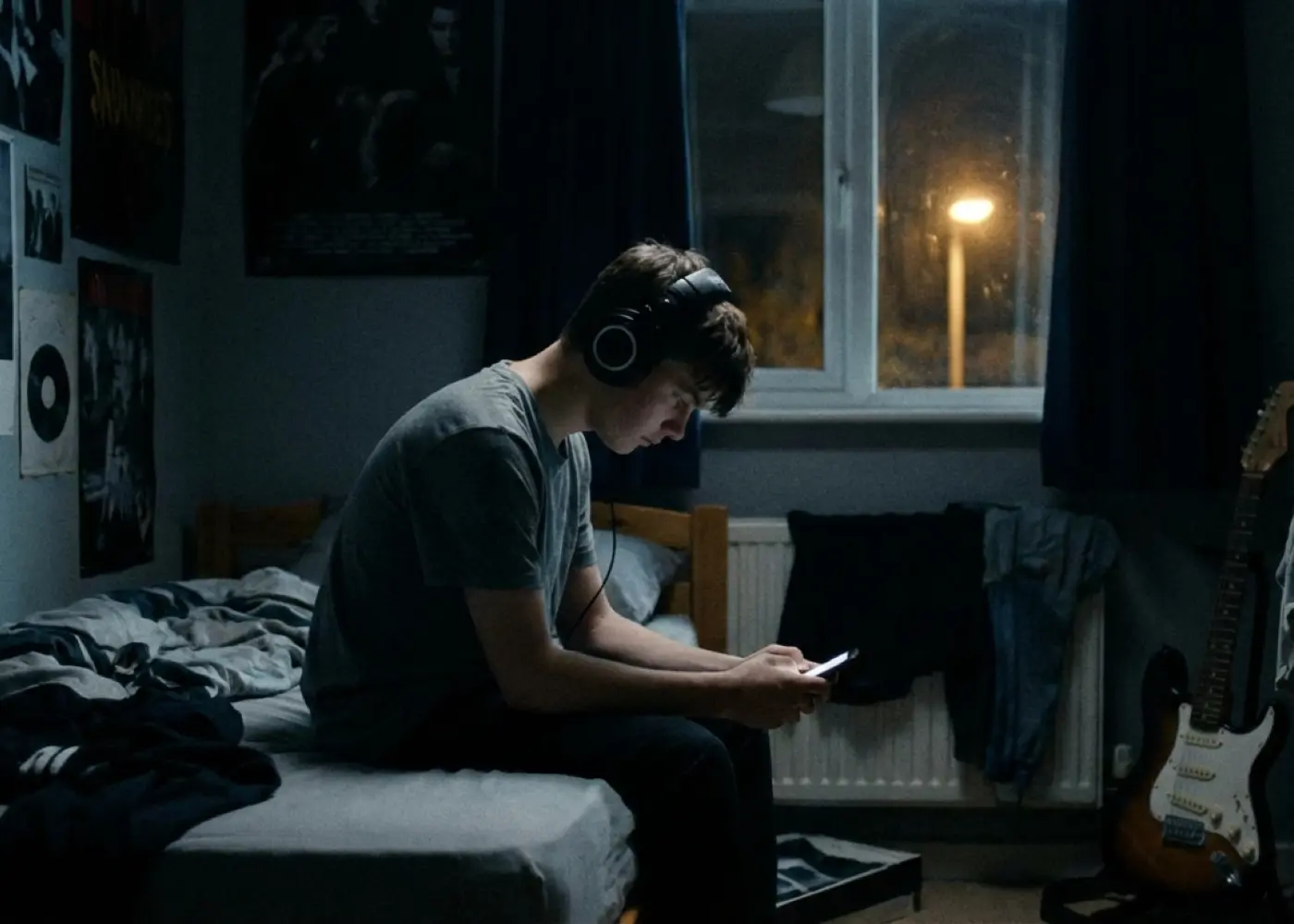 nastolatek w ciemnym pokoju, siedzi ze słuchawkami na uszach i patrzący w telefon
