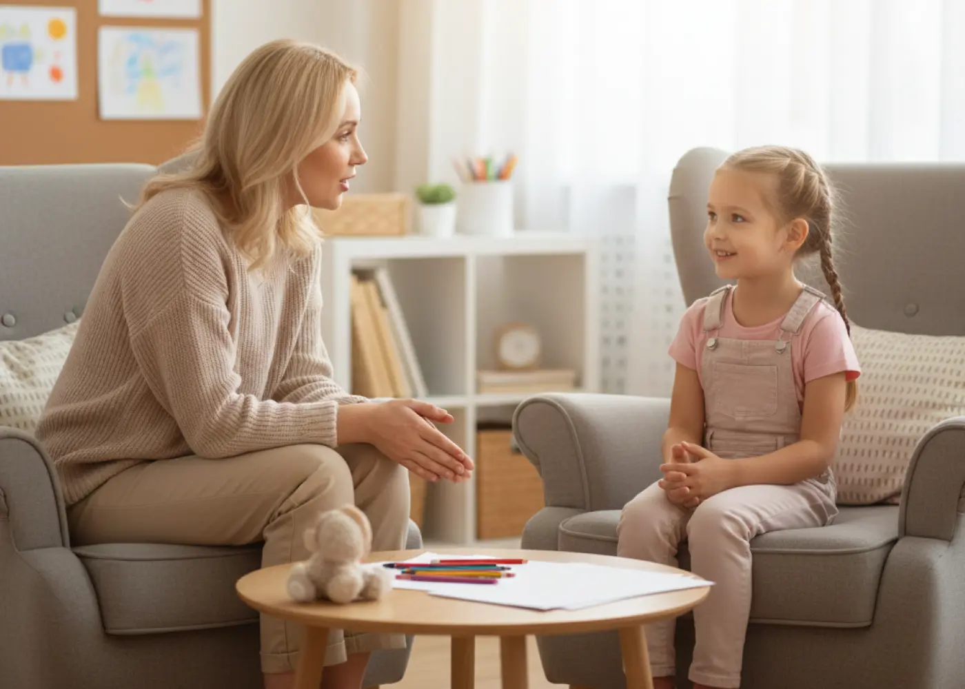 dziecko siedzące w fotelu i rozmawiające z osobą dorosłą