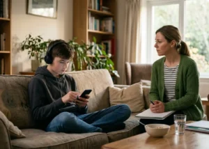 nastolatek siedzi ze słuchawkami i patrzy się w telefon, obok siedzi rodzic czekając na rozmowę